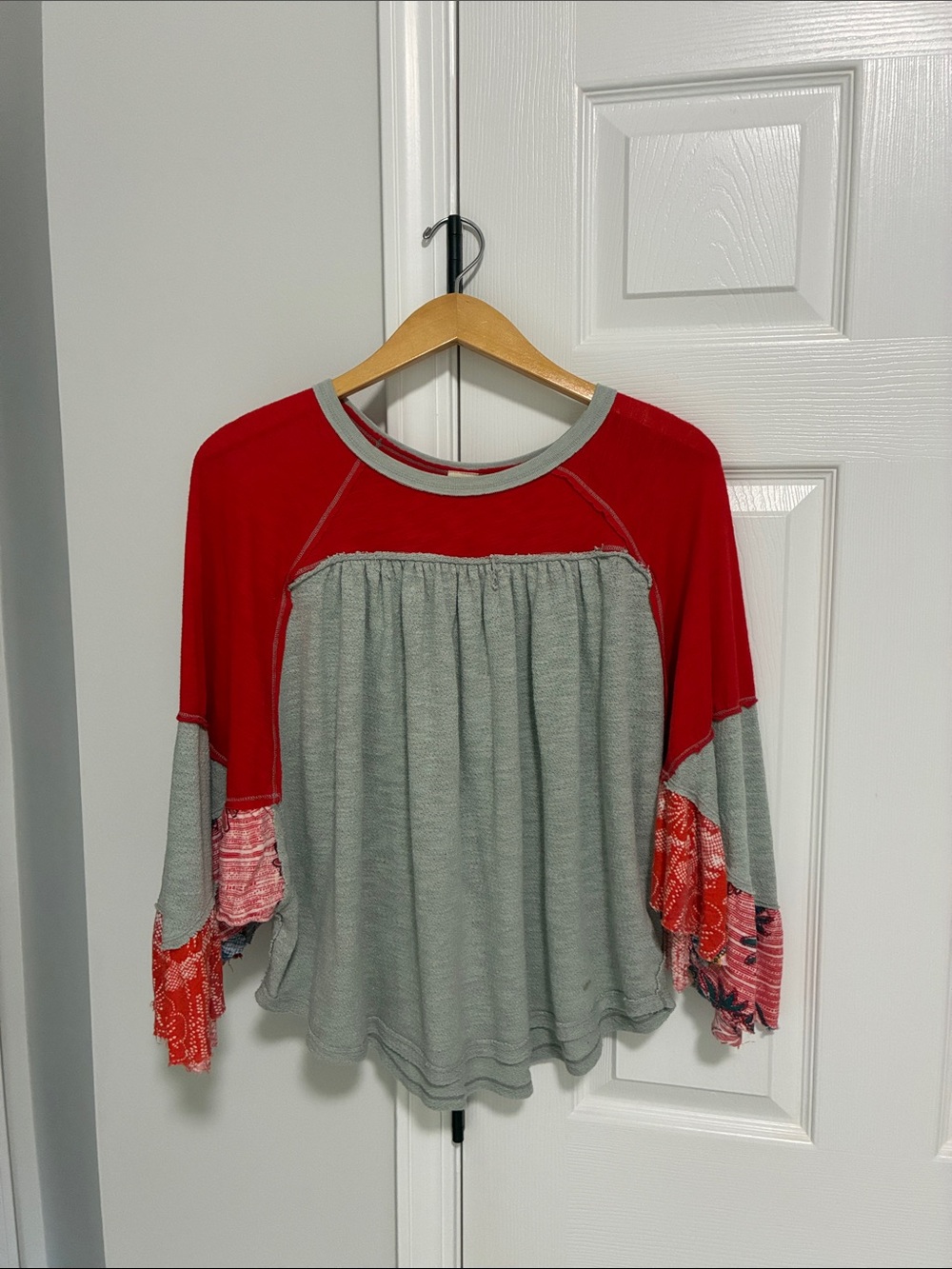 Free People Red and Gray Long Sleeve Peasant Top